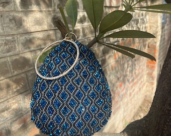 Blue Beaded Teardrop Clutch | Rhinestone Ring Handle Evening Bag | Boho Statement Purse