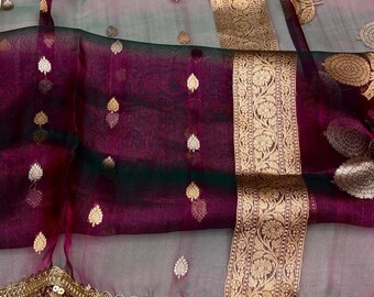 Pure Kora Organza Silk Saree | Olive Green, Sequin Fringe Border, Party Wear Sari