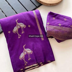 Handloom Khaddi Crepe Silk Saree, Duck Motifs, Zari Meena Weave