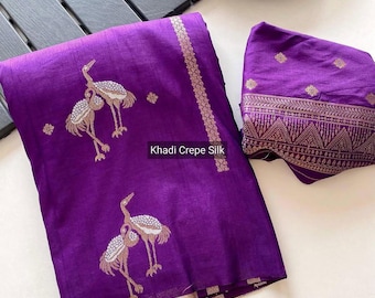 Handloom Khaddi Crepe Silk Saree, Duck Motifs, Zari Meena Weave