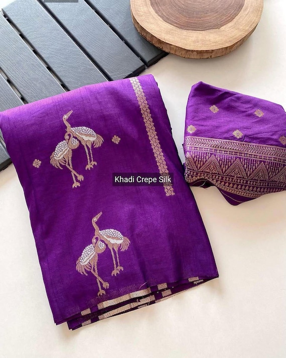 Handloom Khaddi Crepe Silk Saree, Duck Motifs, Zari Meena Weave