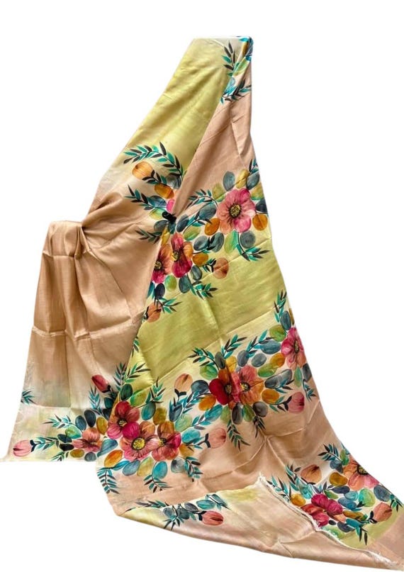 Handloom Katan Silk Saree, Bishnupur Block Print, Dual Tone