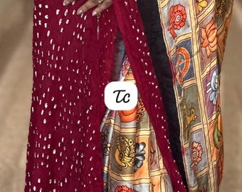 Kalamkari Print Silk Saree | Maroon Bandhani Pallu | Boho Fusion Indian Sari