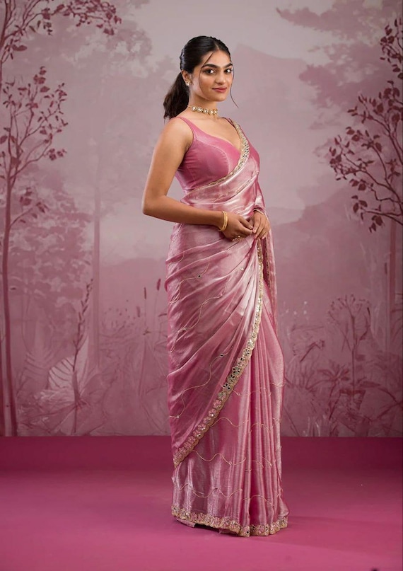 Baby Pink Saree, Real Mirror Handwork, Sequin Lace Border
