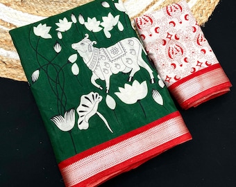 Cotton Kalamkari Saree, Handloom Zari Border, Wedding SareeBlouse