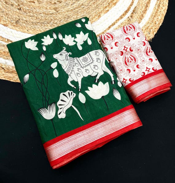 Cotton Kalamkari Saree, Handloom Zari Border, Wedding SareeBlouse