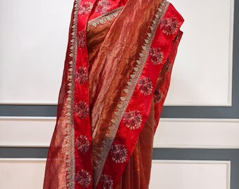 Opulent Metallic Tissue Silk Saree, Embroidered Satin Katan Bordered Rose Festival Sari Ensemble