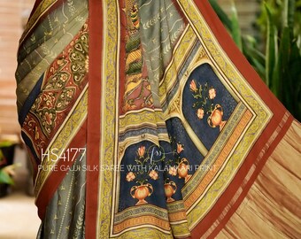 Opulent Pure Gaji Silk Saree, Digital Kalamkari Architectural Motif Copper Pallu Sari Masterpiece