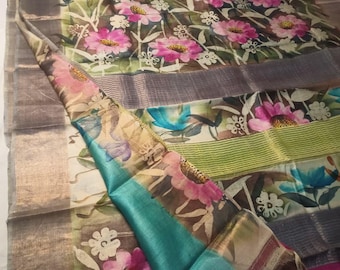 Hand-Painted Tussar Silk Saree: Artisan Certified Handloom Wrap Wedding Gift Sari