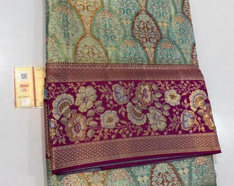 Green Banarasi Brocade Saree | Pure Silk Magenta Floral Zari Border