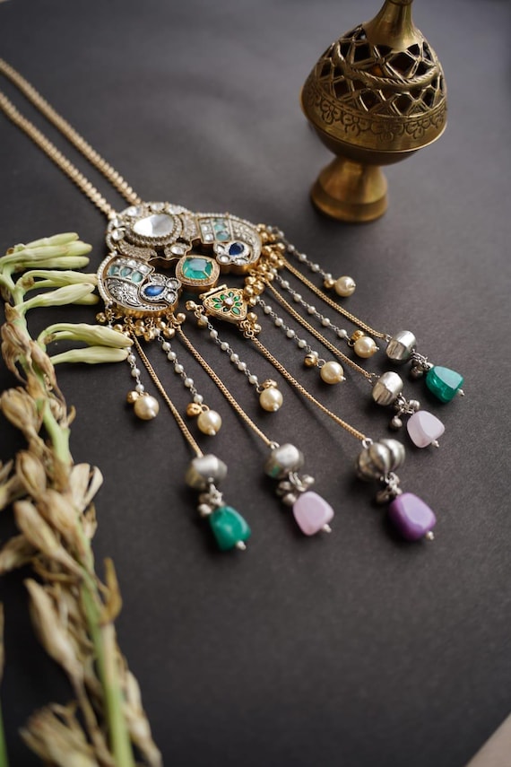 Handmade Kundan Necklace Set, Multicolor Stone Beaded Indian Jewelry