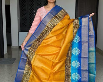 Handloom Muga Tussar Silk Saree, Kalamkari Flower Print, Wedding Saree