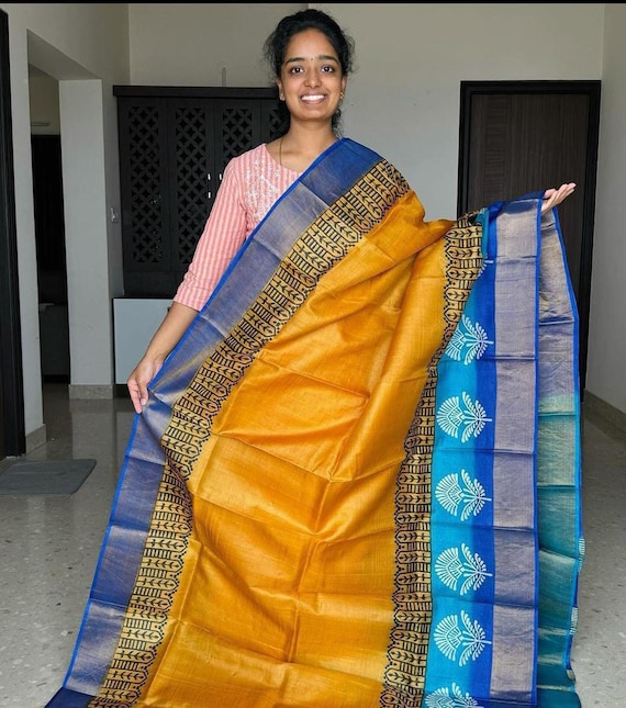 Handloom Muga Tussar Silk Saree, Kalamkari Flower Print, Wedding Saree