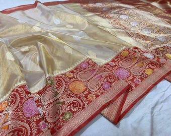 Regal Handcrafted Luminous Banarasi Tissue Saree, Multicolored Botanical Kadiyal Sona Rupa Sari Masterpiece