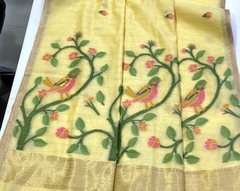 Muga Cotton Saree, Blouse Saree, Jamdani Flower Handloom Wedding gift ,tassels on pallu
