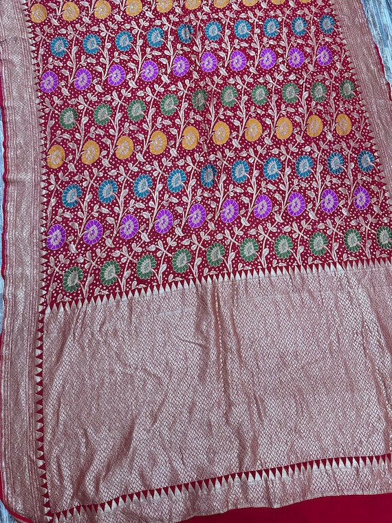 Banarasi Khaddi Bandhej Georgette Saree, Handloom Border