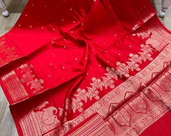 Handloom Zari Buta Silk Saree with Banarasi Paithani Border | Woven Indian Wedding Sari