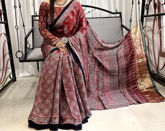 Pure Modal Tissue Silk Saree | Natural Dye Ajrakh Hand Block Print Heritage Wrap