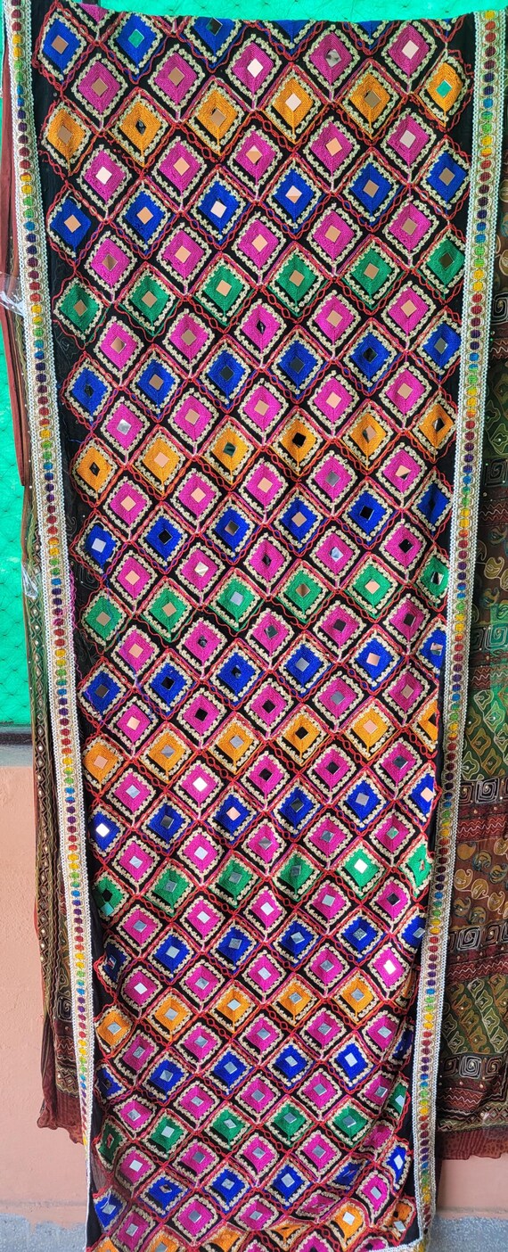 Vintage Phulkari Embroidered Scarf, Mirror Work, Hippie Boho Wrap