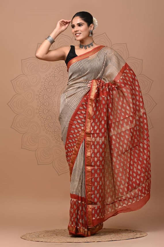 Handloom Maheshwari Silk Cotton Saree, Kalamkari Floral Print