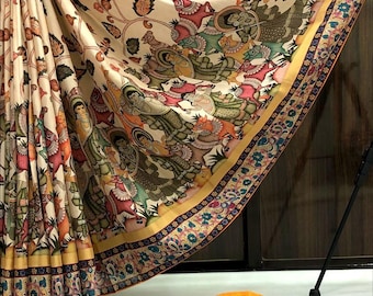 Muga tussar Silk Saree, Wedding Blouse Saree, Abstract Kalamkari Flower Handloom One piece Saree, Wedding gift SareeBlouse, tassels on pallu