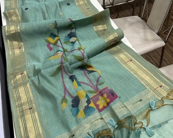 Pure Muga Cotton Soft Saree | Hand Embroidered Floral Pot Motif | Heritage Wrap