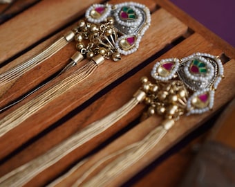 Kundan Jhumkas with Ear Chains: Indian Gold-Tone Earrings, Green & Pink Stones