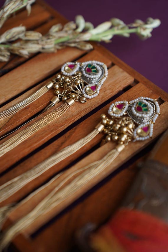 Kundan Jhumkas with Ear Chains: Indian Gold-Tone Earrings, Green & Pink Stones