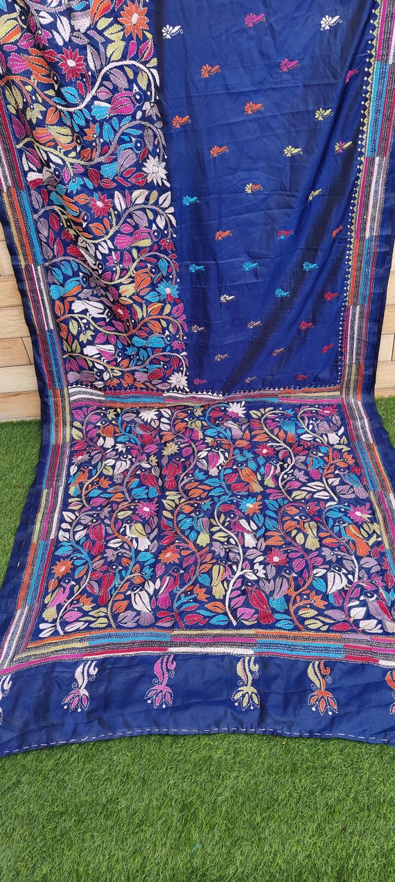 Gujarati Handwork kutchi Kantha Silk saree  wedding haldi saree.