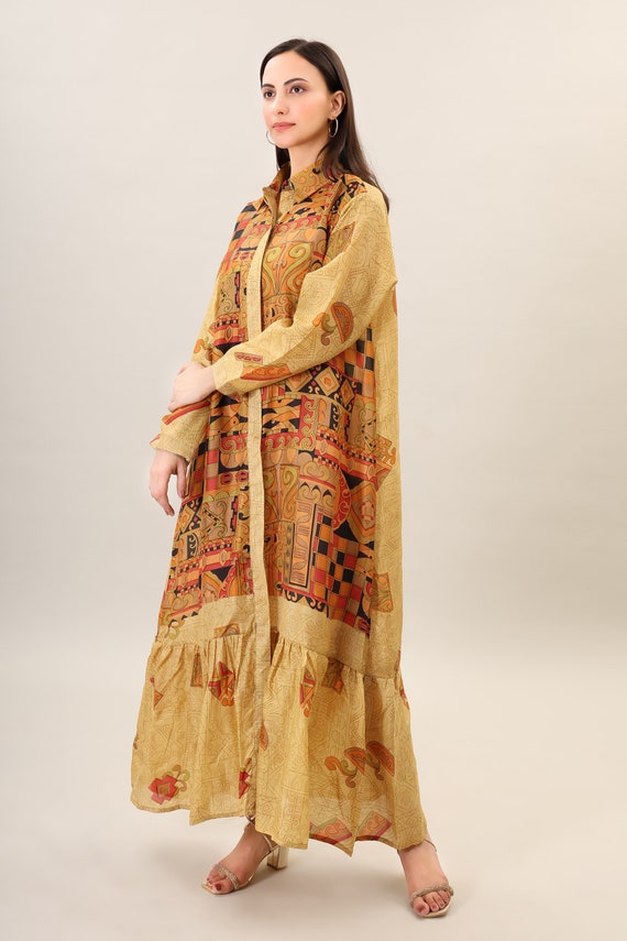 Printed Silk Maxi Dress, Handmade Bohemian Flare Dress