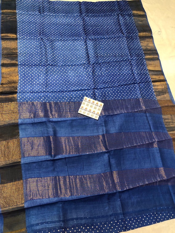 Handloom Tussar Silk Saree, Zari Border, Hand-Painted Flowers