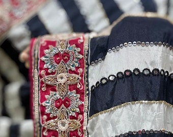Black White Striped Saree | Heavy Embroidered Red Pallu | Fusion Cocktail Party Sari