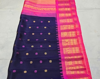 Pure Gadwal Handloom Silk Saree | Navy Blue Rani Pink Temple Border Zari Butta Sari
