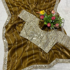 Zimmy Choo Saree designer heavy real mirrors Handwork With Zimmy Choo Fabric With mirror work running Blouse,jimmy Choo free size Blouse.