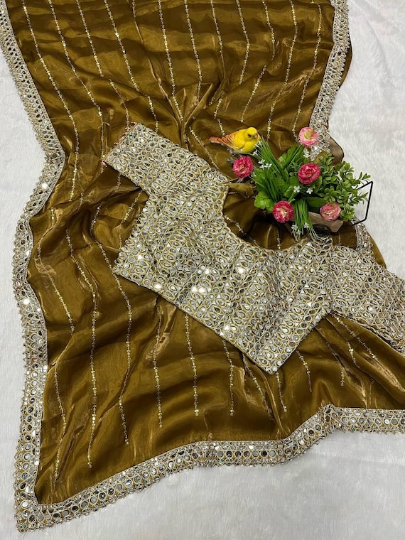 Designer Saree, Heavy Mirror Handwork, Free Size Blouse