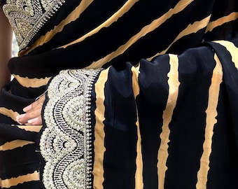 Black Gold Striped Saree | Scalloped Embroidered Border | Modern Cocktail Party Sari