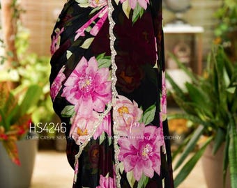 Black Floral Crepe Silk Saree | Hand Embroidered Scalloped Border | Cocktail Party Sari