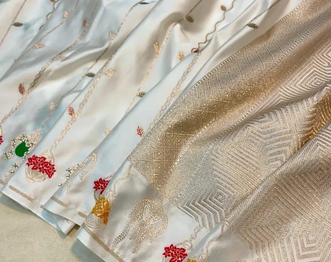 Featured listing image: Mashru Katan Zari Silk Saree: Handloom Banarasi Weave, Silk Mark