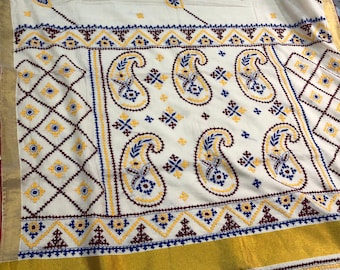 Gujarati Handwork kutchi Kantha Silk saree  wedding haldi saree.