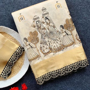 Muga tussar Silk Saree, Wedding Blouse Saree, Abstract Kalamkari Flower Handloom One piece Saree, Wedding gift SareeBlouse, tassels on pallu