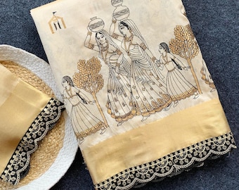 Muga tussar Silk Saree, Wedding Blouse Saree, Abstract Kalamkari Flower Handloom One piece Saree, Wedding gift SareeBlouse, tassels on pallu
