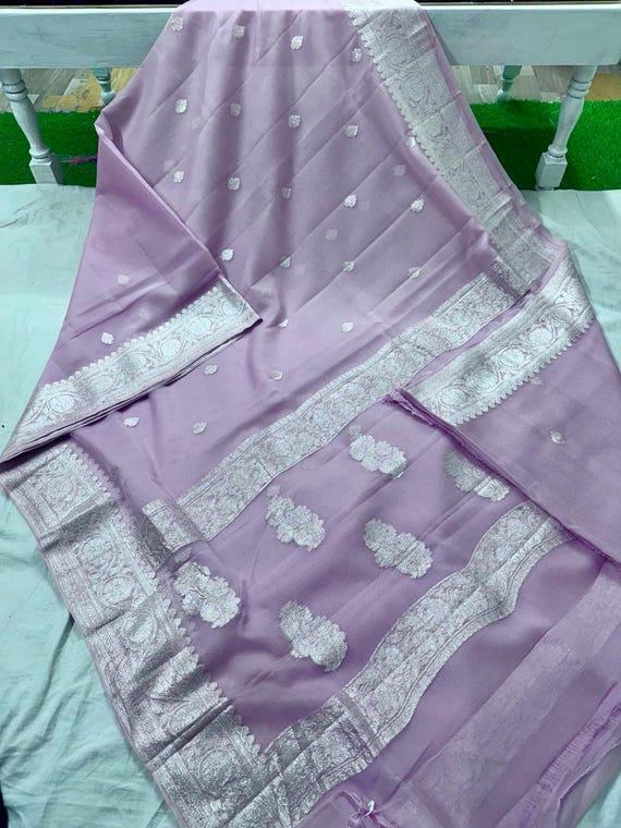 Handloom Banarasi Khaddi Chiffon Silk Saree, Water Zari Weave, Silk Mark