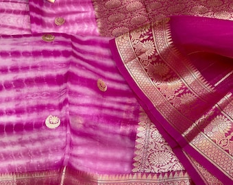 Kora Organza Saree | Purple Shibori Tie Dye Silk, Gold Zari Border, Party Wear Sari