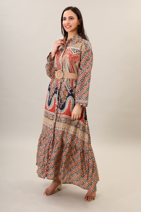 Handmade Silk Boho Maxi Dress, Psychedelic Print Bohemian Clothing