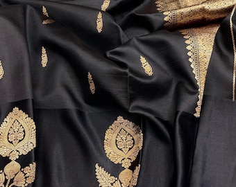 Handloom black Katan Silk Banarasi Saree: Raw Mango, Silk Mark Certified