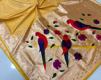 Banarasi muniya border kanjivaram fusion peacock motifs wedding haldi yellow saree