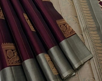 Double Warp Kanjeevaram Silk Saree | Wine Purple, Silver Grey Border, Gold Zari Motifs