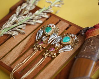 Kundan Jhumka Ear Chains: Indian Gold-Tone Earrings, Green & Pink Stones