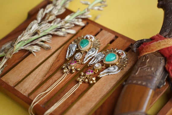 Kundan Jhumka Ear Chains: Indian Gold-Tone Earrings, Green & Pink Stones