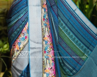 Pure Banarasi Crepe Silk Saree | Custom Digital Print Traditional Art | Silver Zari